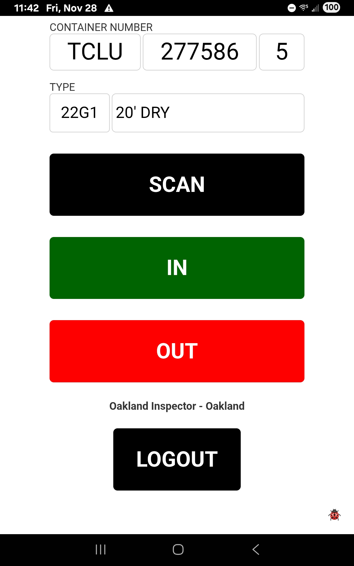 inBOXout mobile app screen showing container scan and IN/OUT workflow.